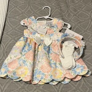 Tahari Pastel Floral Baby Dress with Satin Bow and Matching Headband